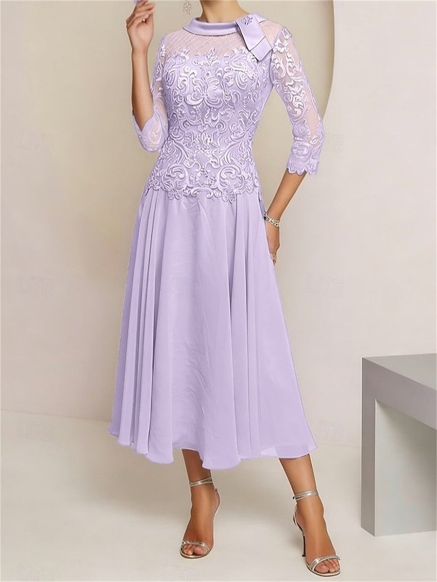 A-line/Princess Scoop 3/4 Sleeves Appliques Lace Tea-Length Chiffon Corset Mother of the Bride Dress