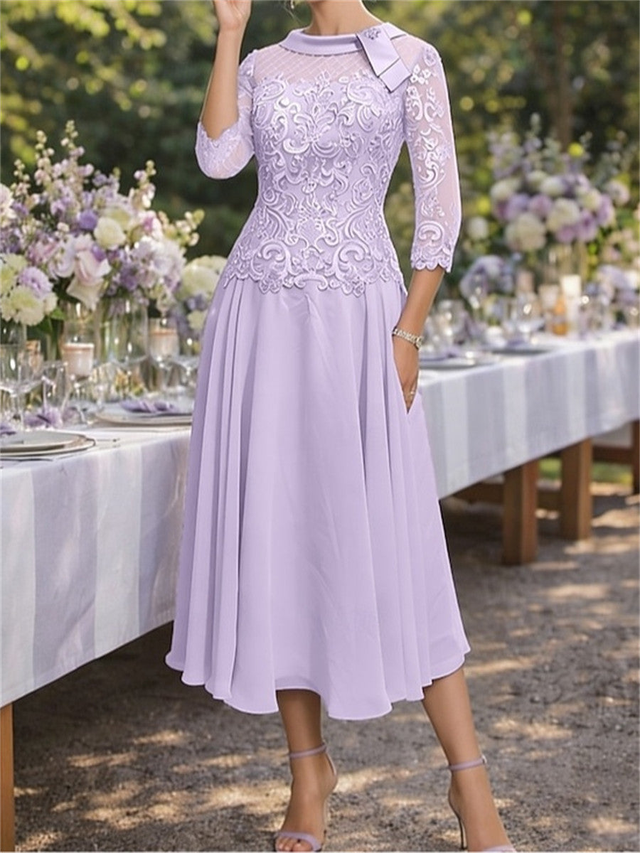A-line/Princess Scoop 3/4 Sleeves Appliques Lace Tea-Length Chiffon Corset Mother of the Bride Dress