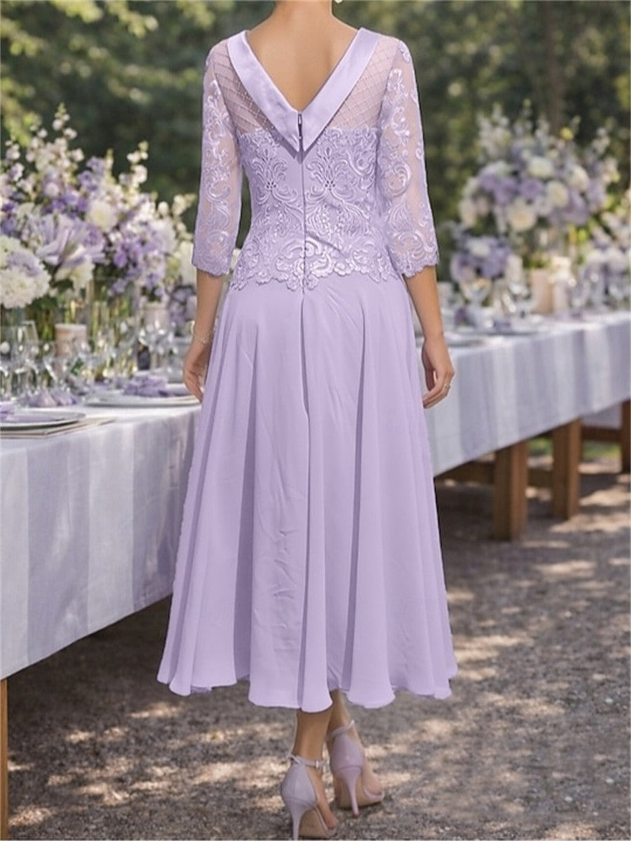 A-line/Princess Scoop 3/4 Sleeves Appliques Lace Tea-Length Chiffon Corset Mother of the Bride Dress