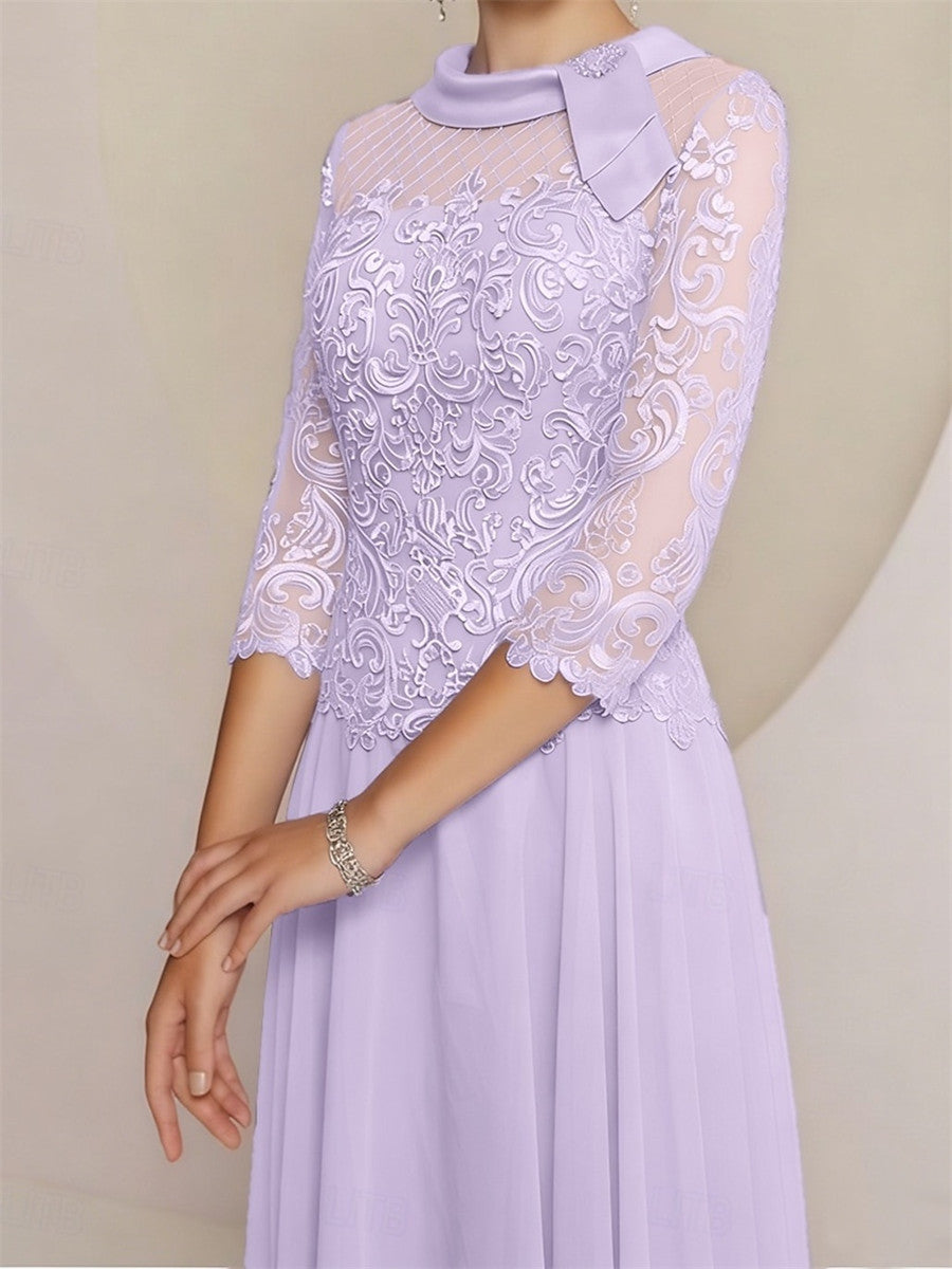 A-line/Princess Scoop 3/4 Sleeves Appliques Lace Tea-Length Chiffon Corset Mother of the Bride Dress