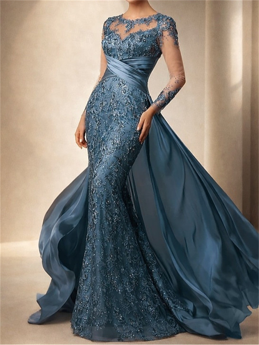 Sheath/Column Scoop Long Sleeves Appliques Lace Sweep Train Satin Chiffon Corset Mother of the Bride Dress