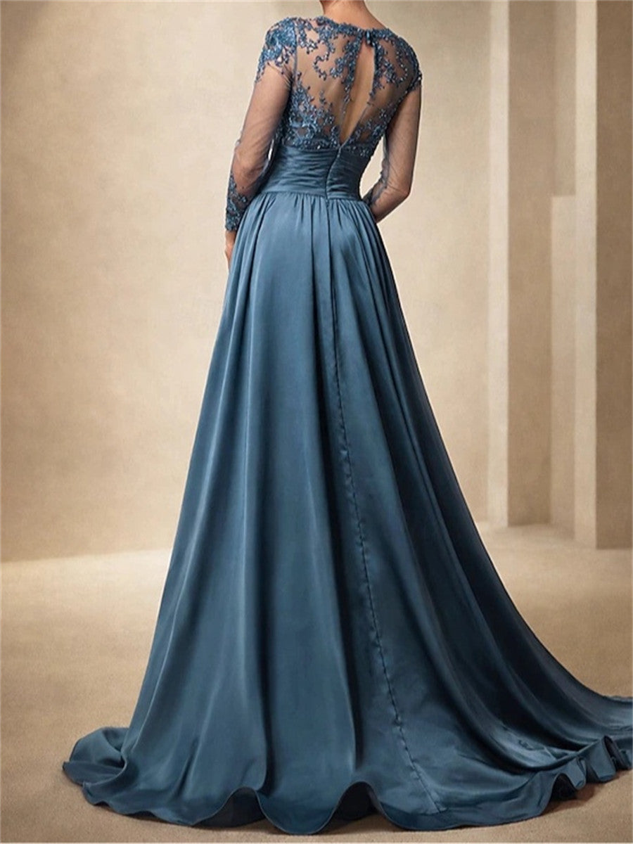 Sheath/Column Scoop Long Sleeves Appliques Lace Sweep Train Satin Chiffon Corset Mother of the Bride Dress
