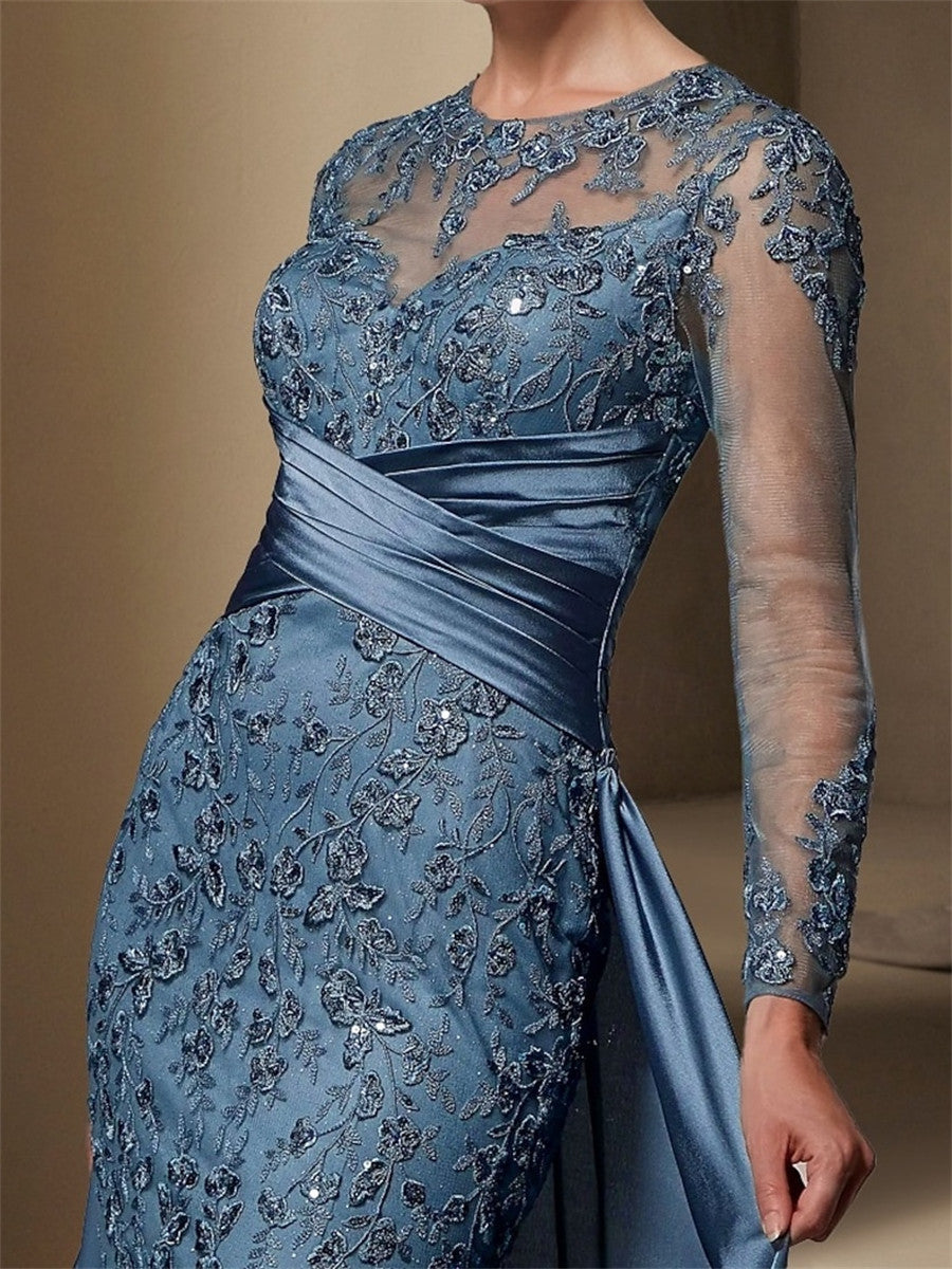 Sheath/Column Scoop Long Sleeves Appliques Lace Sweep Train Satin Chiffon Corset Mother of the Bride Dress