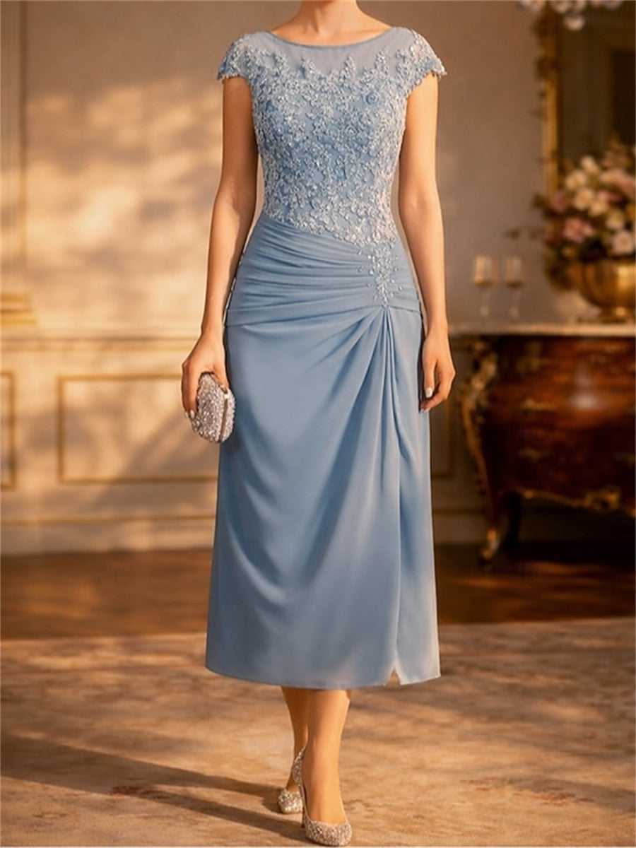 Sheath/Column Scoop Short Sleeves Appliques Lace Tea-Length Chiffon Corset Mother of the Bride Dress
