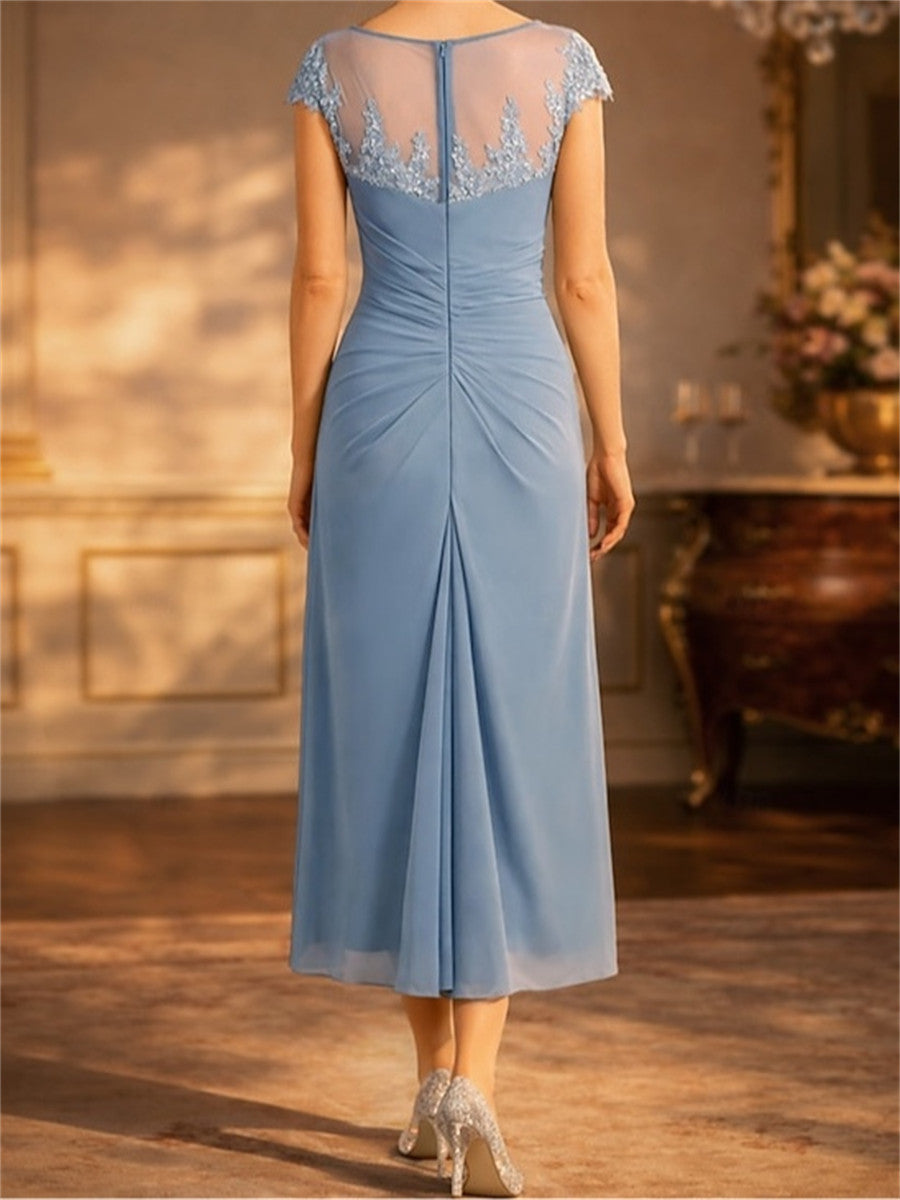 Sheath/Column Scoop Short Sleeves Appliques Lace Tea-Length Chiffon Corset Mother of the Bride Dress