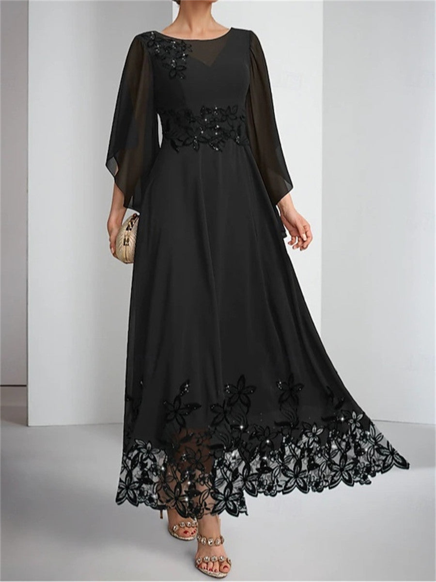 A-line/Princess Scoop Long Sleeves Appliques Lace Ankle-Length Chiffon Corset Mother of the Bride Dress