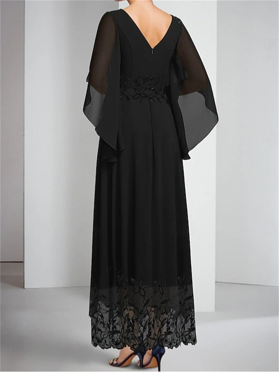 A-line/Princess Scoop Long Sleeves Appliques Lace Ankle-Length Chiffon Corset Mother of the Bride Dress