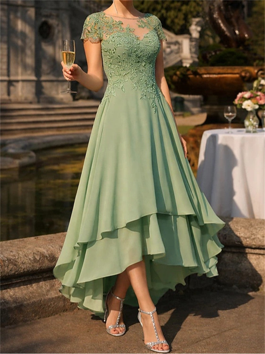 A-line/Princess Scoop Short Sleeves Appliques Lace Asymmetrical Chiffon Corset Mother of the Bride Dress