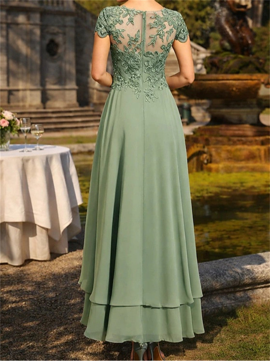 A-line/Princess Scoop Short Sleeves Appliques Lace Asymmetrical Chiffon Corset Mother of the Bride Dress