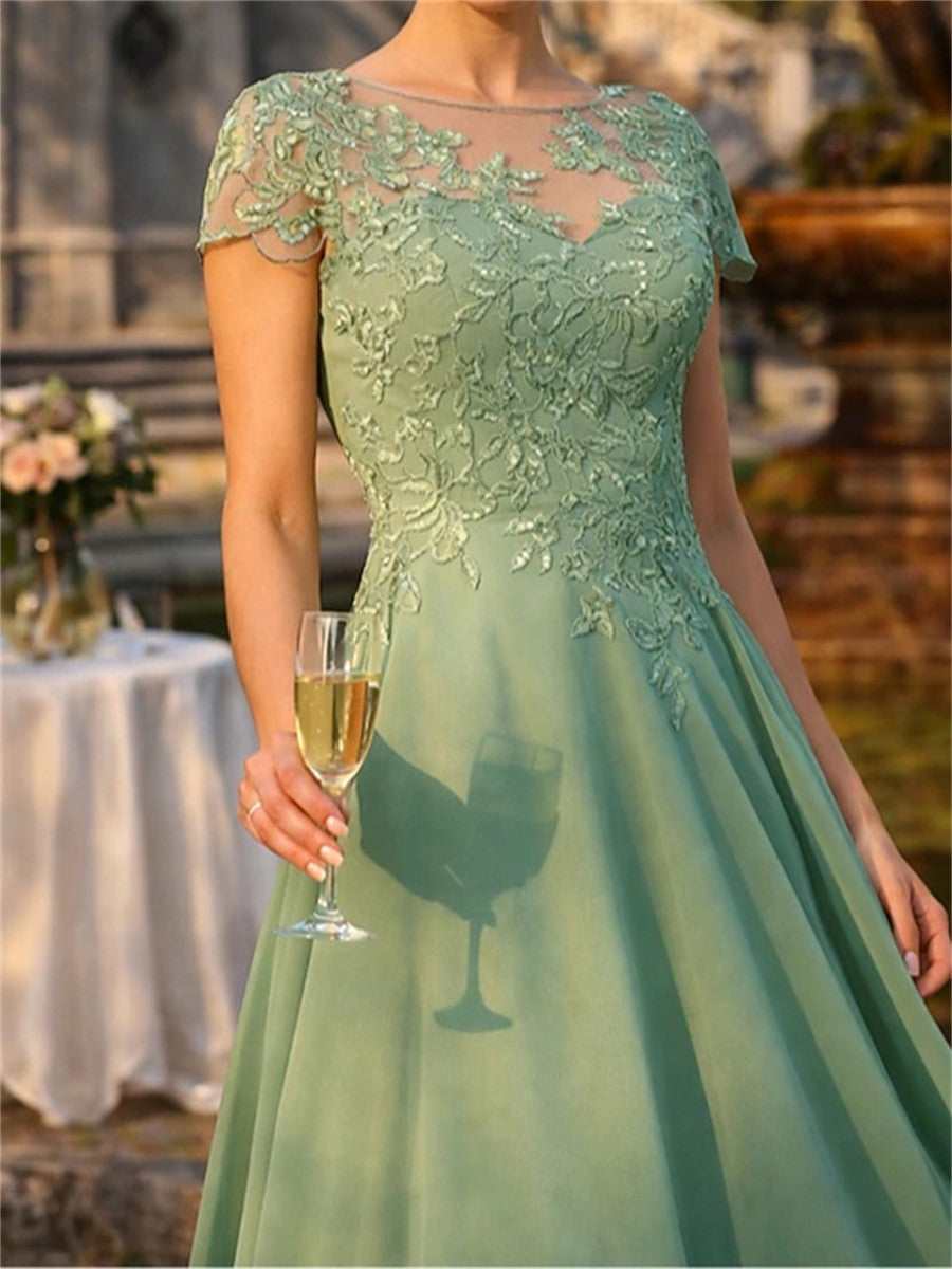 A-line/Princess Scoop Short Sleeves Appliques Lace Asymmetrical Chiffon Corset Mother of the Bride Dress