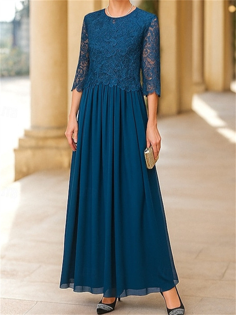 A-line/Princess Scoop 3/4 Sleeves Appliques Lace Ankle-Length Chiffon Corset Mother of the Bride Dress