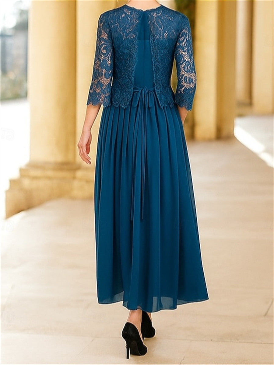 A-line/Princess Scoop 3/4 Sleeves Appliques Lace Ankle-Length Chiffon Corset Mother of the Bride Dress