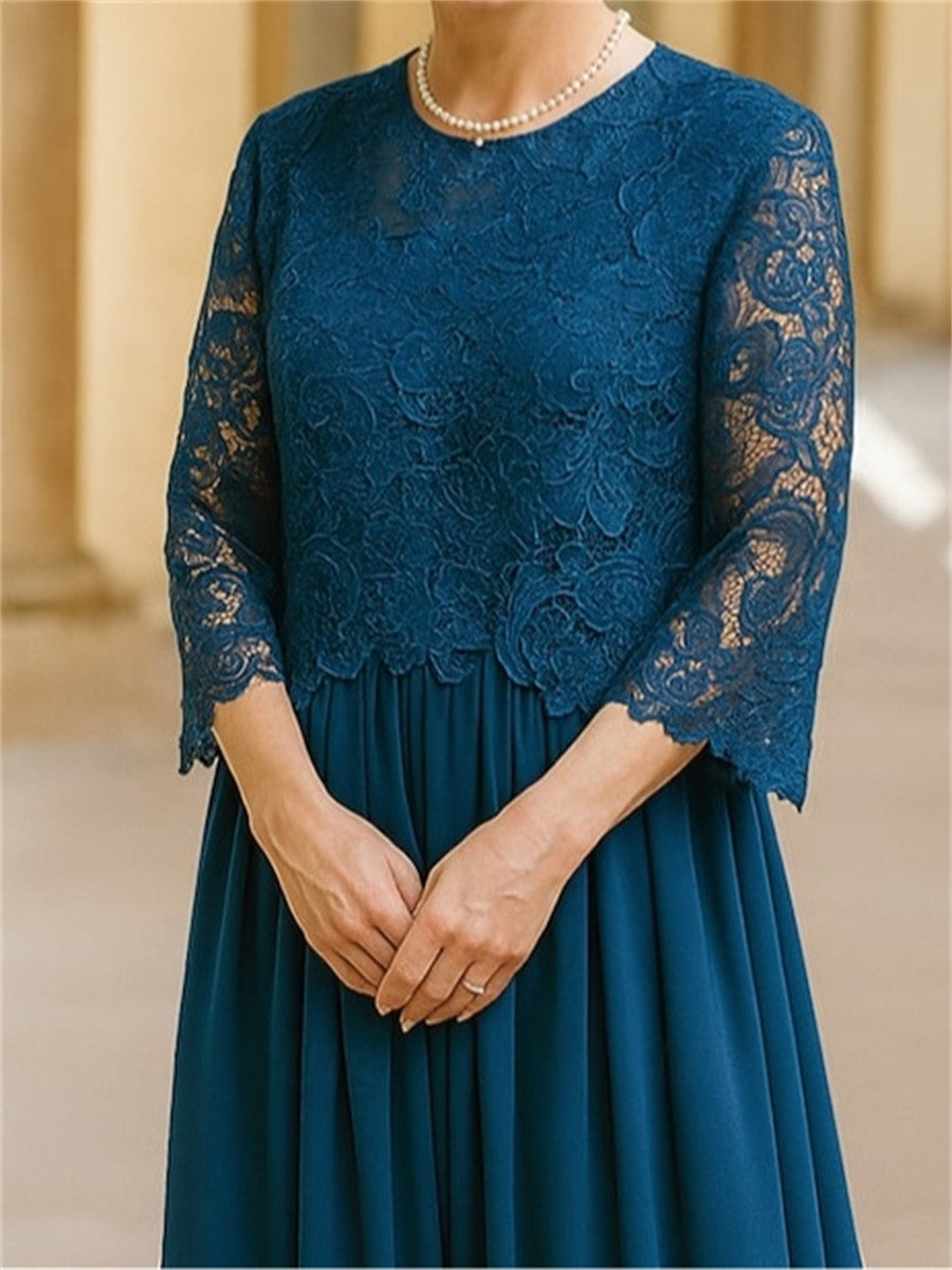 A-line/Princess Scoop 3/4 Sleeves Appliques Lace Ankle-Length Chiffon Corset Mother of the Bride Dress