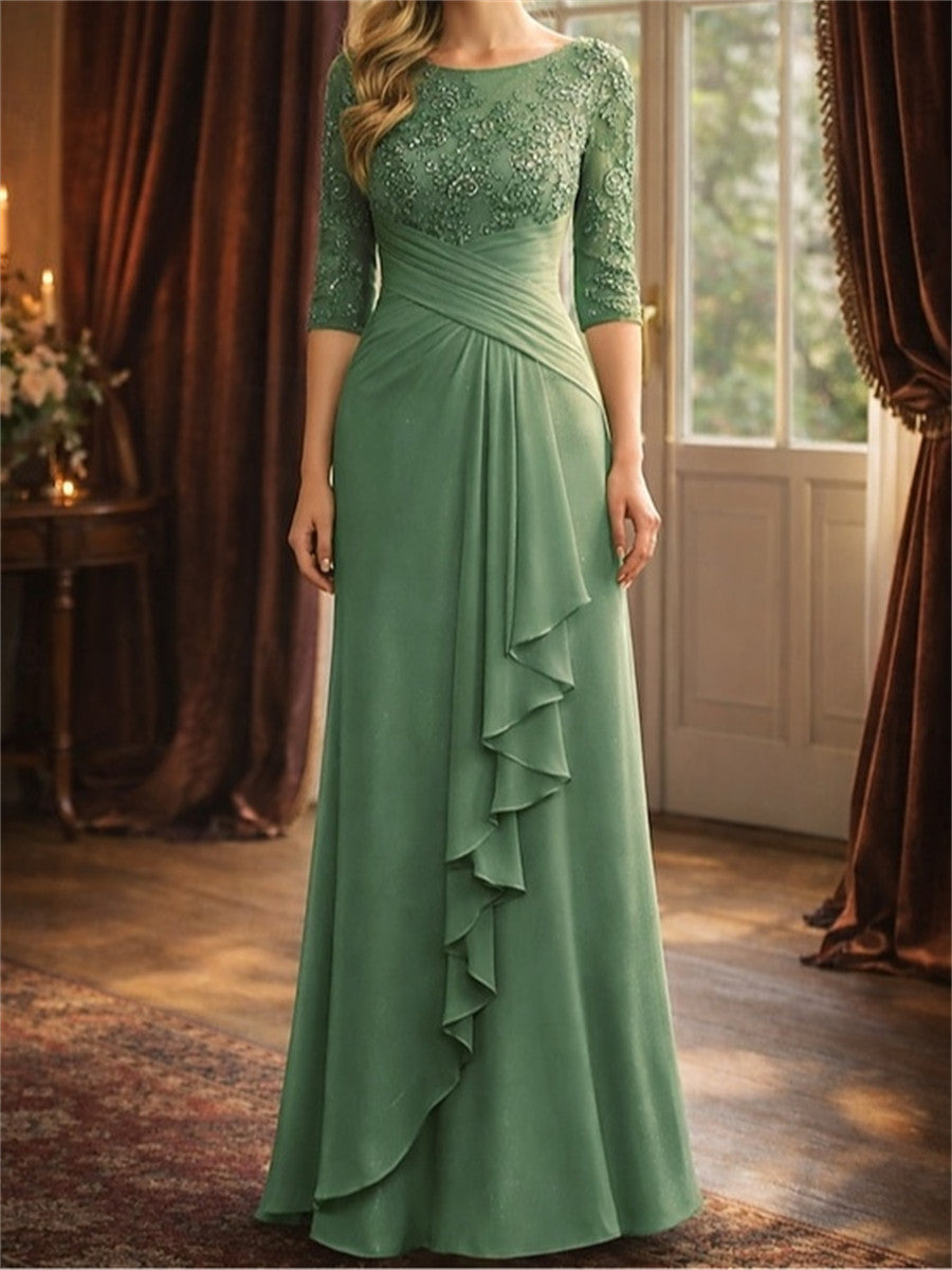 A-line/Princess Scoop 3/4 Sleeves Appliques Lace Floor-Length Chiffon Corset Mother of the Bride Dress
