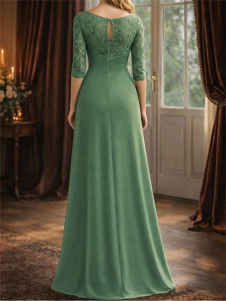 A-line/Princess Scoop 3/4 Sleeves Appliques Lace Floor-Length Chiffon Corset Mother of the Bride Dress