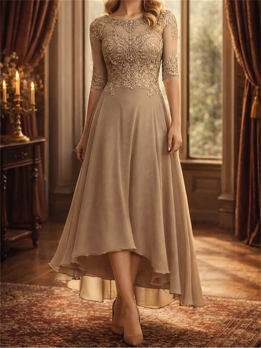 A-line/Princess Scoop 1/2 Sleeves Appliques Lace Asymmetrical 30D Chiffon Corset Mother of the Bride Dress
