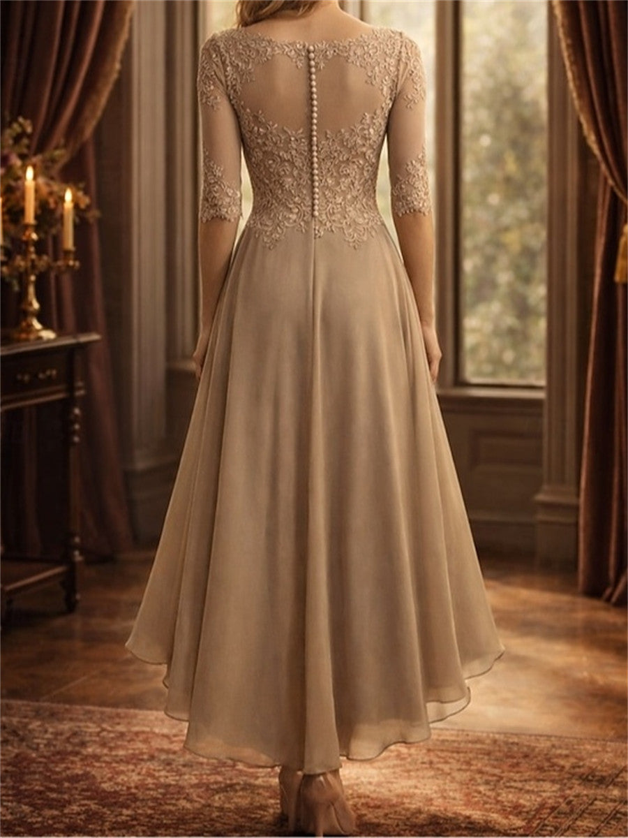 A-line/Princess Scoop 1/2 Sleeves Appliques Lace Asymmetrical 30D Chiffon Corset Mother of the Bride Dress