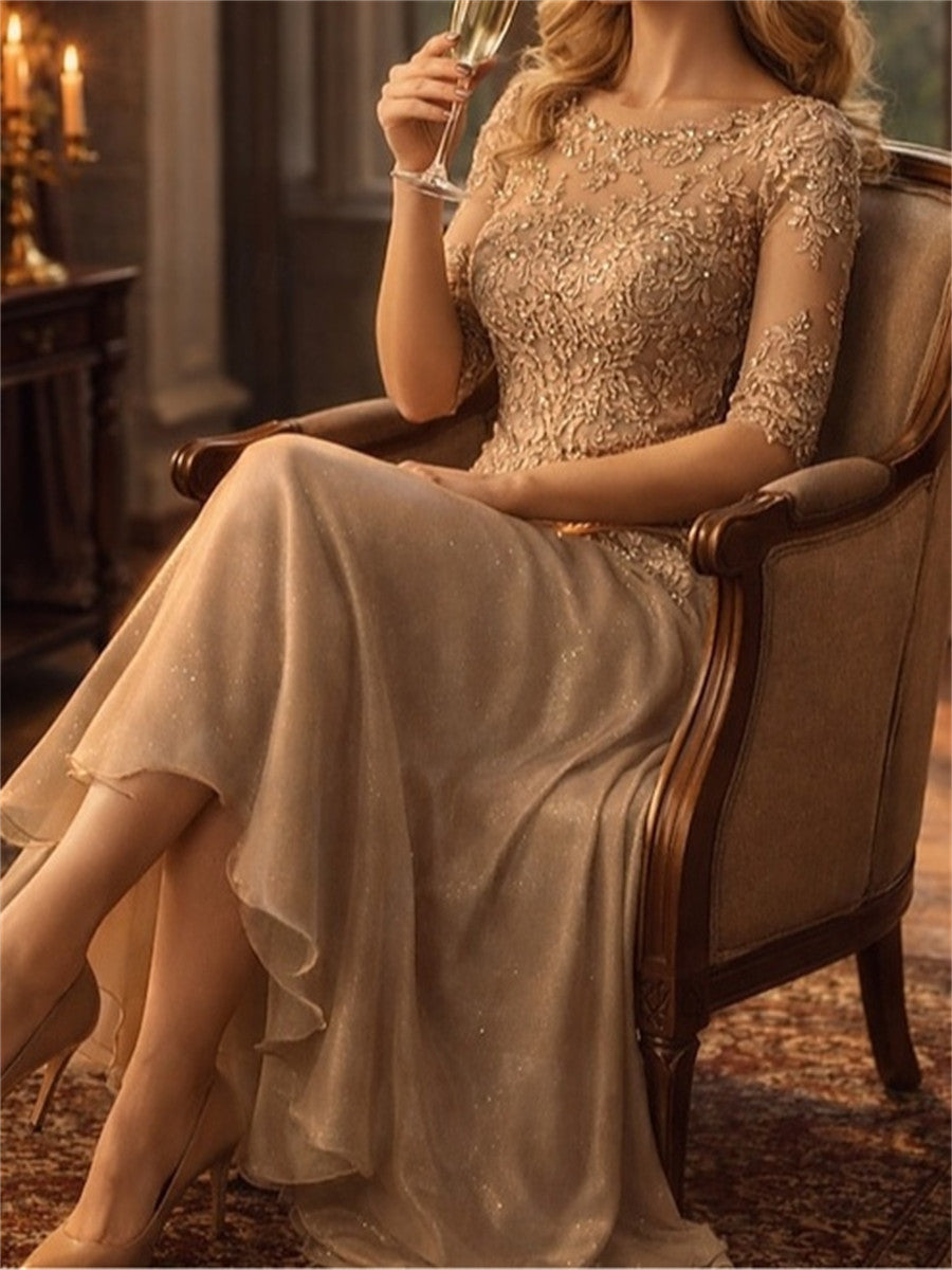 A-line/Princess Scoop 1/2 Sleeves Appliques Lace Asymmetrical 30D Chiffon Corset Mother of the Bride Dress