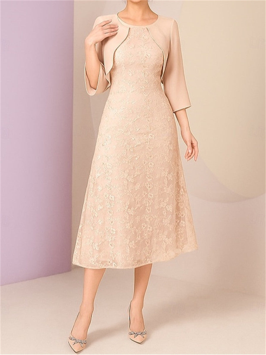 A-line/Princess Scoop 3/4 Sleeves Appliques Lace Tea-Length Chiffon Corset Mother of the Bride Dress