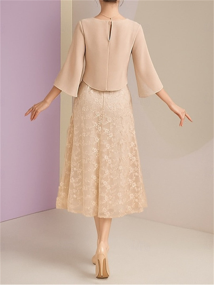 A-line/Princess Scoop 3/4 Sleeves Appliques Lace Tea-Length Chiffon Corset Mother of the Bride Dress