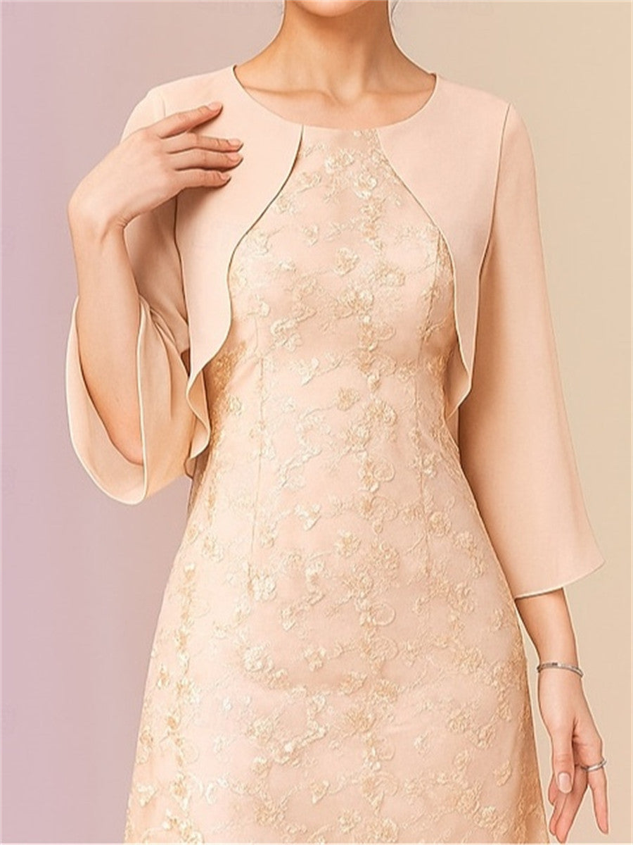 A-line/Princess Scoop 3/4 Sleeves Appliques Lace Tea-Length Chiffon Corset Mother of the Bride Dress