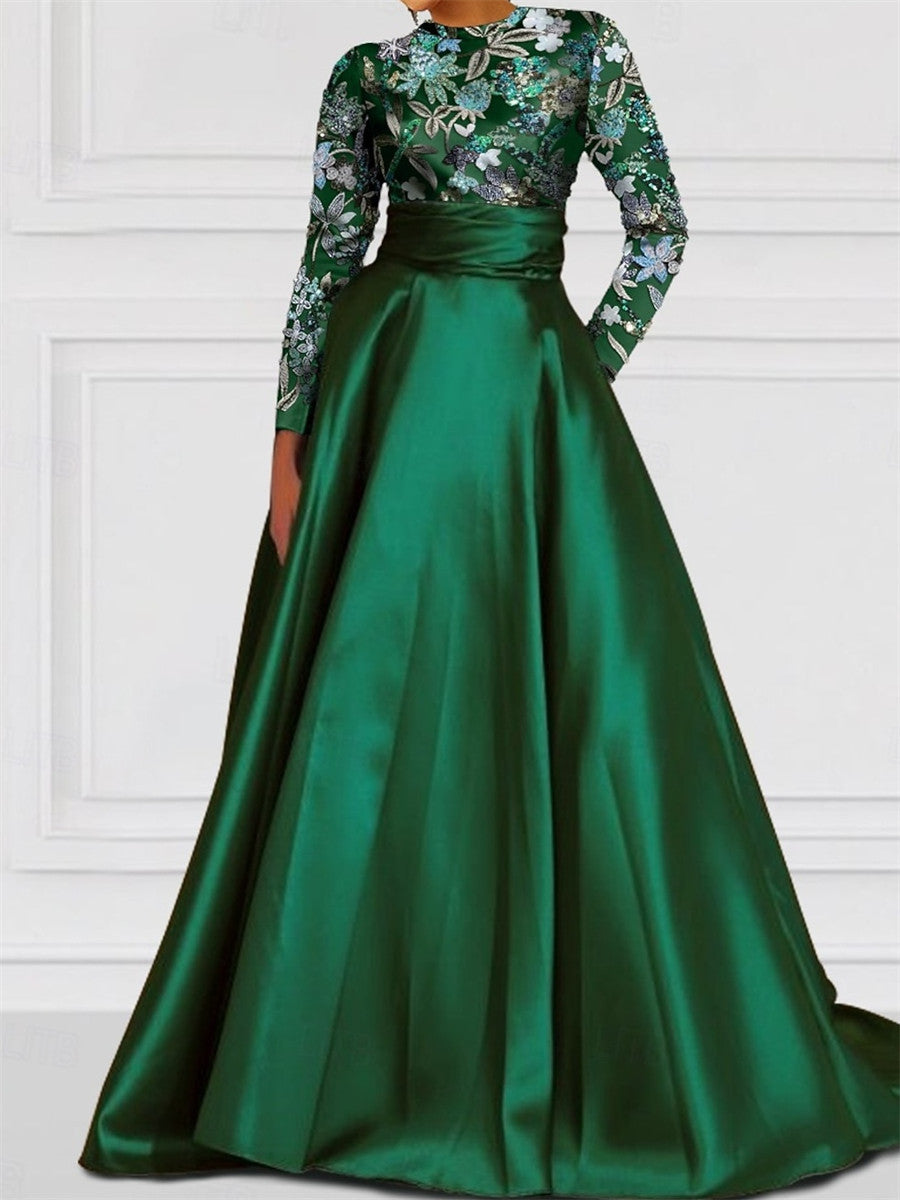 A-line/Princess Scoop Long Sleeves Appliques Lace Sweep Train Satin Corset Mother of the Bride Dress
