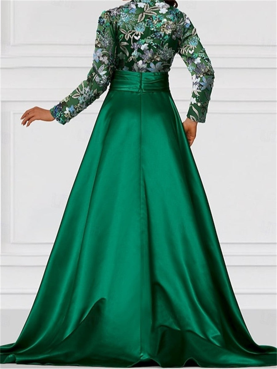 A-line/Princess Scoop Long Sleeves Appliques Lace Sweep Train Satin Corset Mother of the Bride Dress