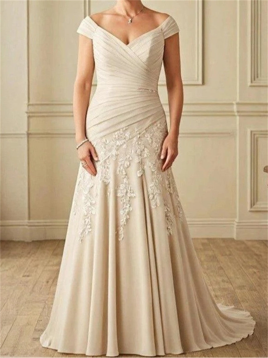 Sheath/Column Off-the-Shoulder Appliques Lace Sweep Train Satin Chiffon Corset Mother of the Bride Dress