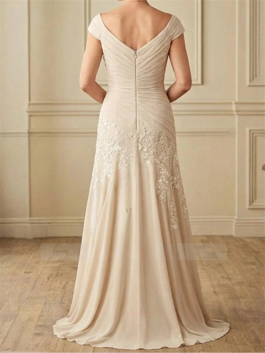 Sheath/Column Off-the-Shoulder Appliques Lace Sweep Train Satin Chiffon Corset Mother of the Bride Dress
