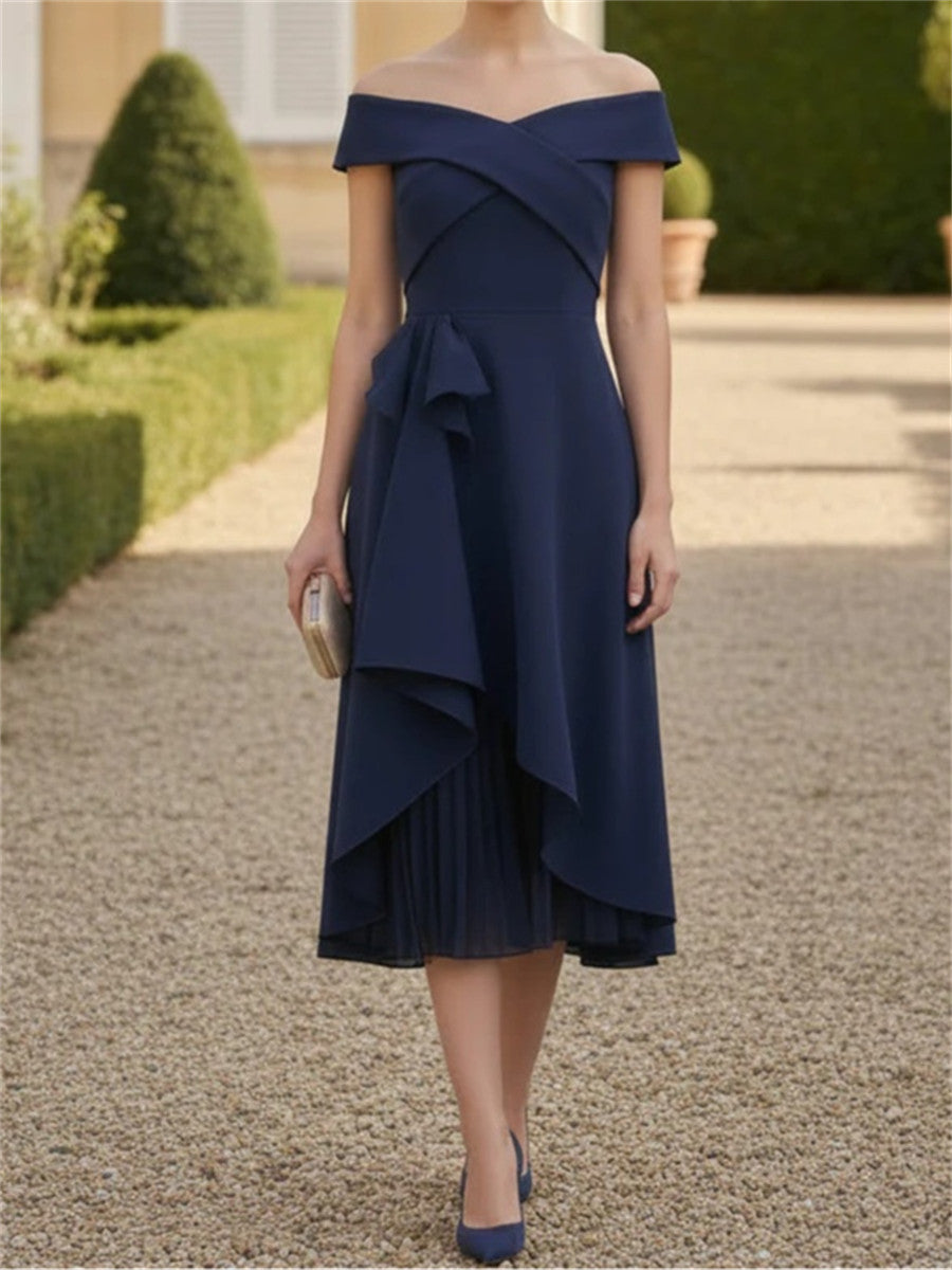 A-line/Princess Off-the-Shoulder Ruffles Tea-Length Stretch Crepe Mother of the Bride Dress