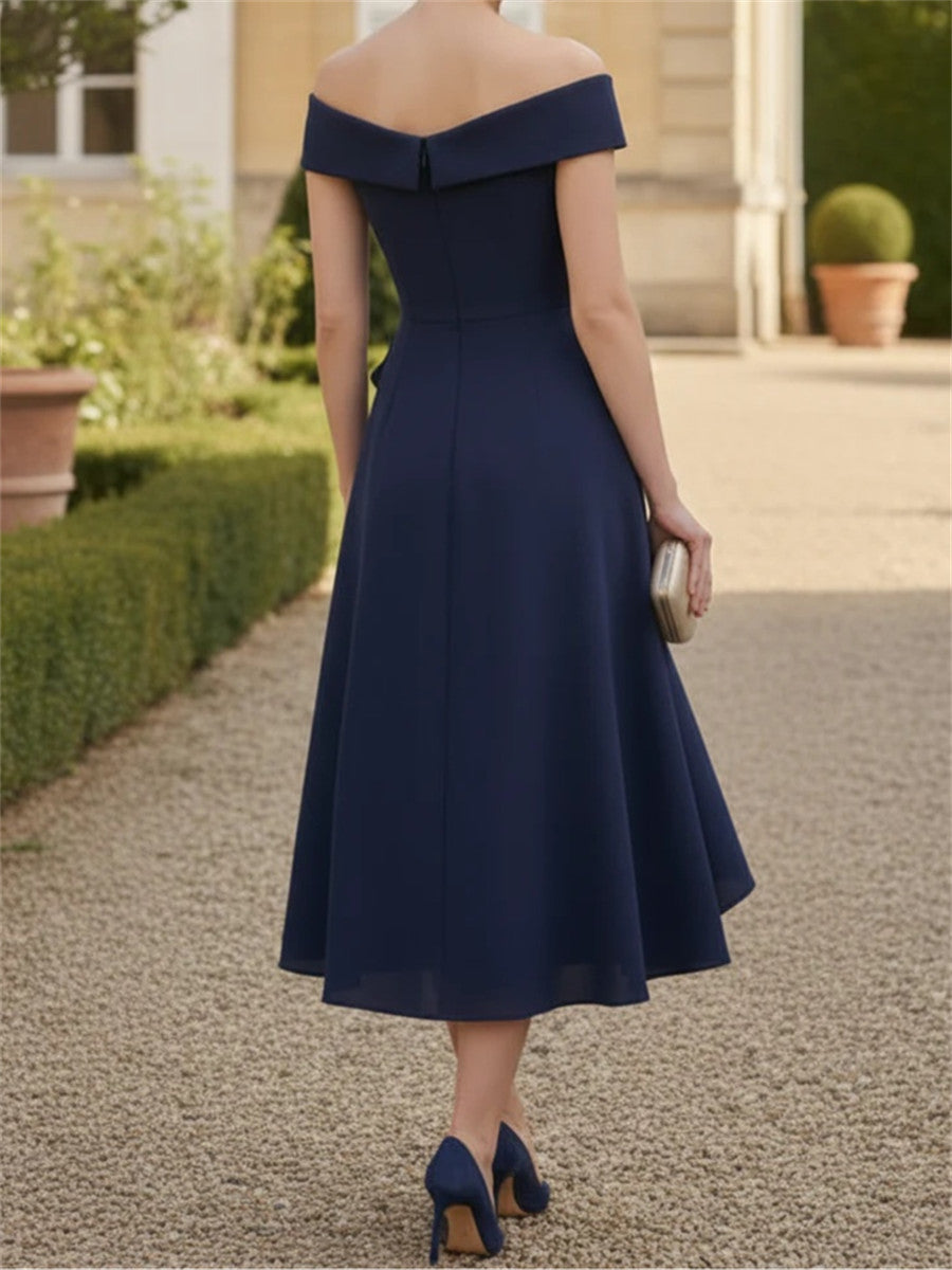 A-line/Princess Off-the-Shoulder Ruffles Tea-Length Stretch Crepe Mother of the Bride Dress