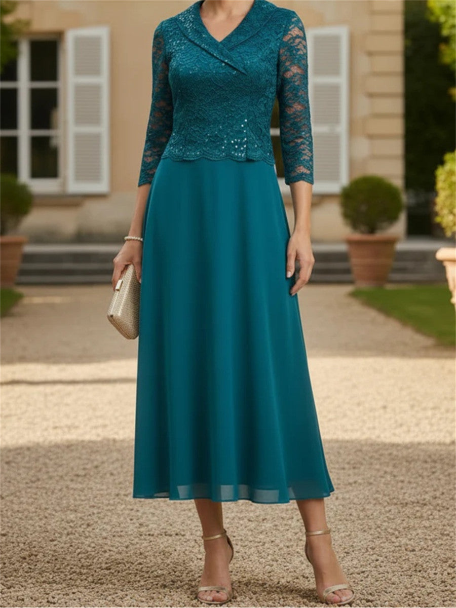 A-line/Princess V-neck 3/4 Sleeves Appliques Lace Tea-Length Chiffon Corset Mother of the Bride Dress