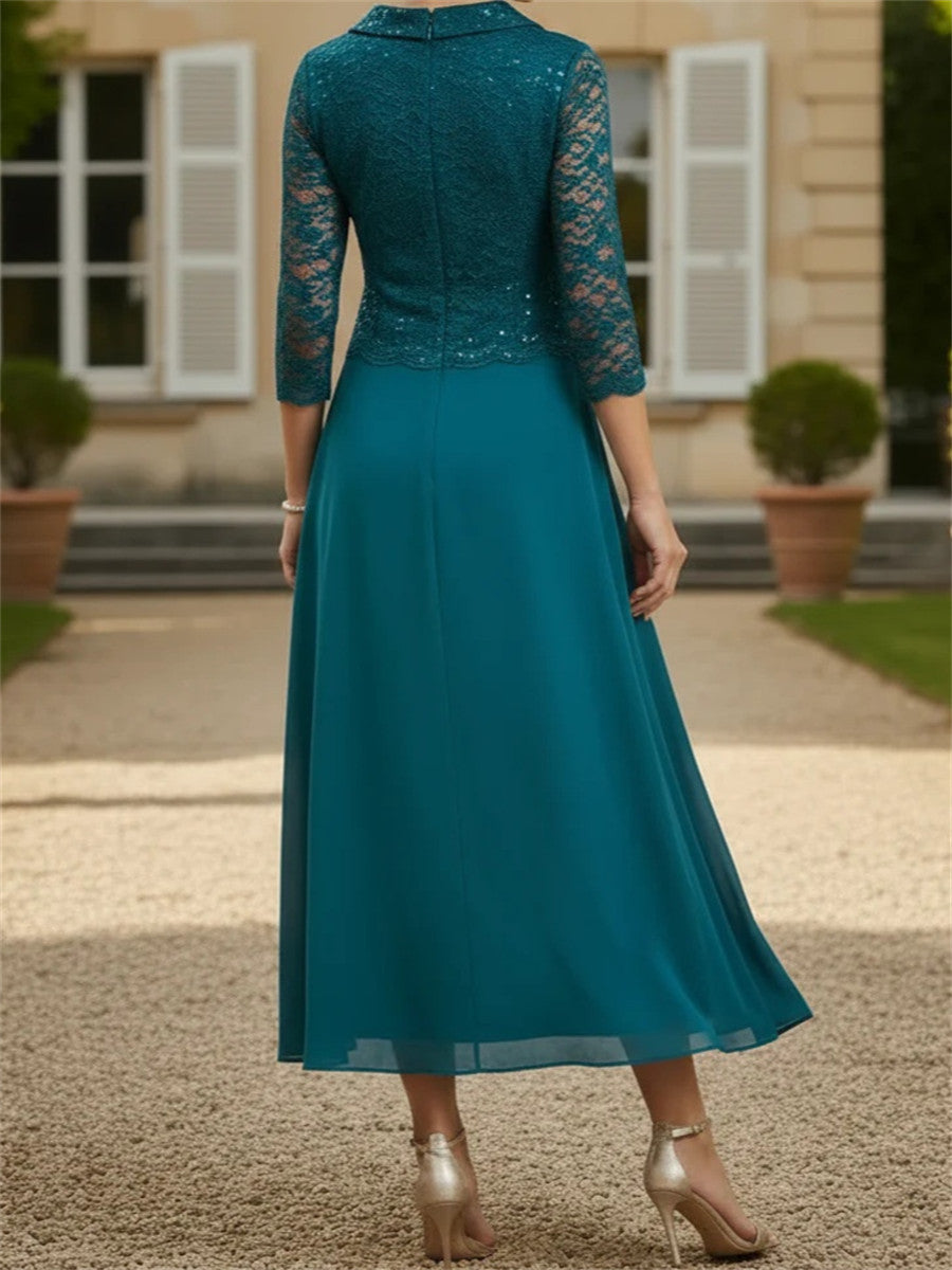 A-line/Princess V-neck 3/4 Sleeves Appliques Lace Tea-Length Chiffon Corset Mother of the Bride Dress
