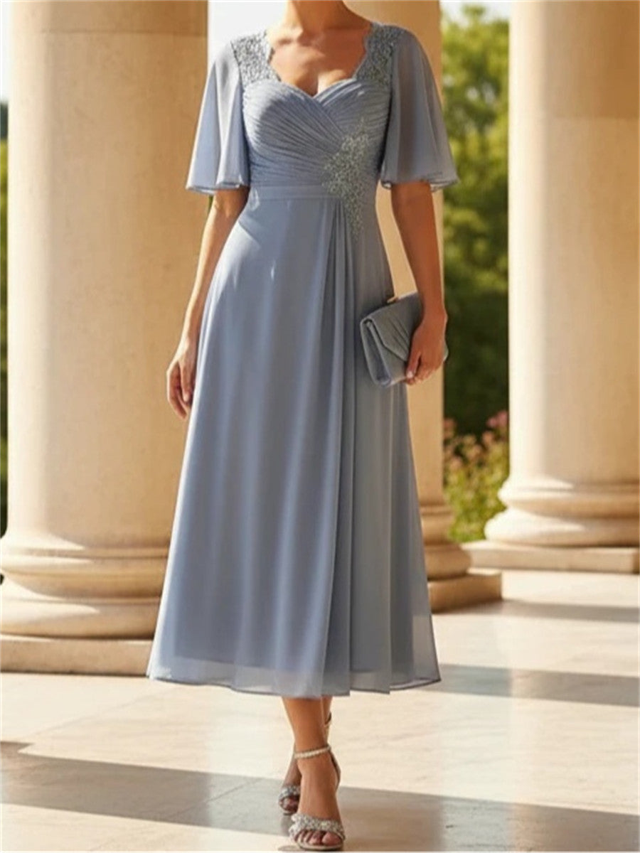 A-line/Princess Sweetheart 1/2 Sleeves Appliques Lace Tea-Length Chiffon Corset Mother of the Bride Dress