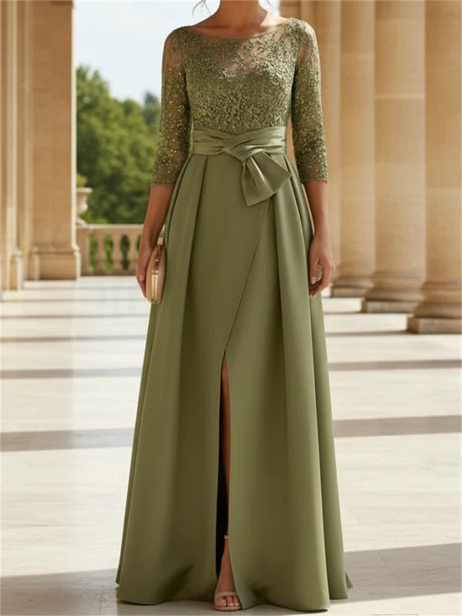 A-line/Princess Scoop 3/4 Sleeves Appliques Lace Floor-Length Silk Like Satin Corset Mother of the Bride Dress