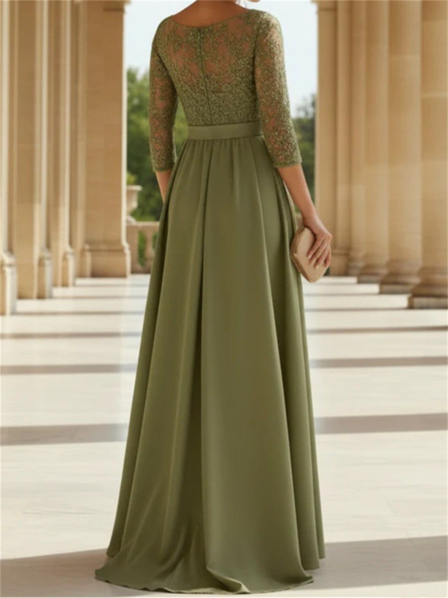 A-line/Princess Scoop 3/4 Sleeves Appliques Lace Floor-Length Silk Like Satin Corset Mother of the Bride Dress
