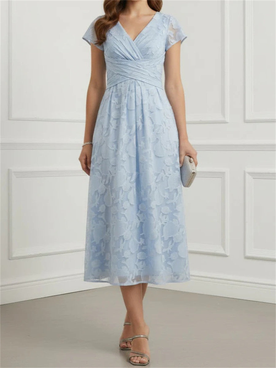 A-line/Princess V-neck Short Sleeves Pleated Tea-Length Lace Corset Mother of the Bride Dress