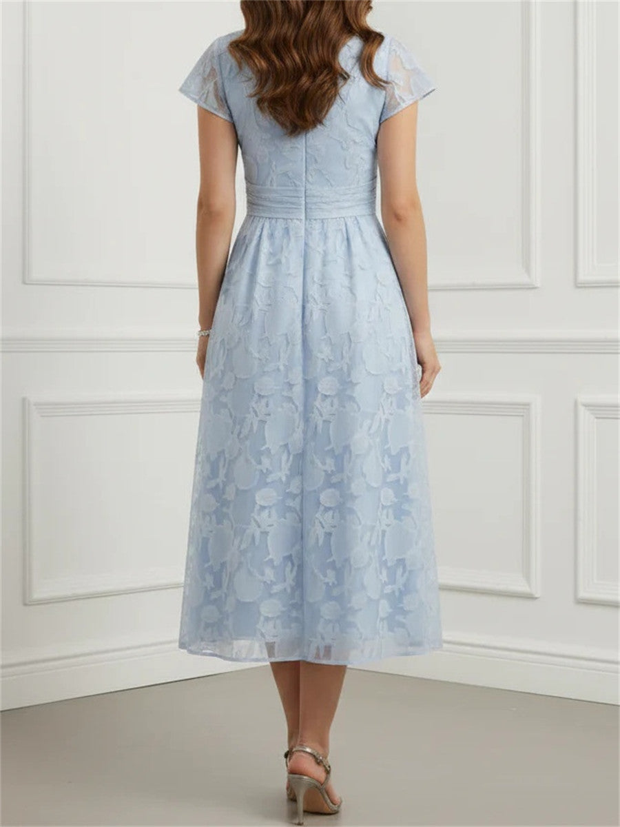 A-line/Princess V-neck Short Sleeves Pleated Tea-Length Lace Corset Mother of the Bride Dress