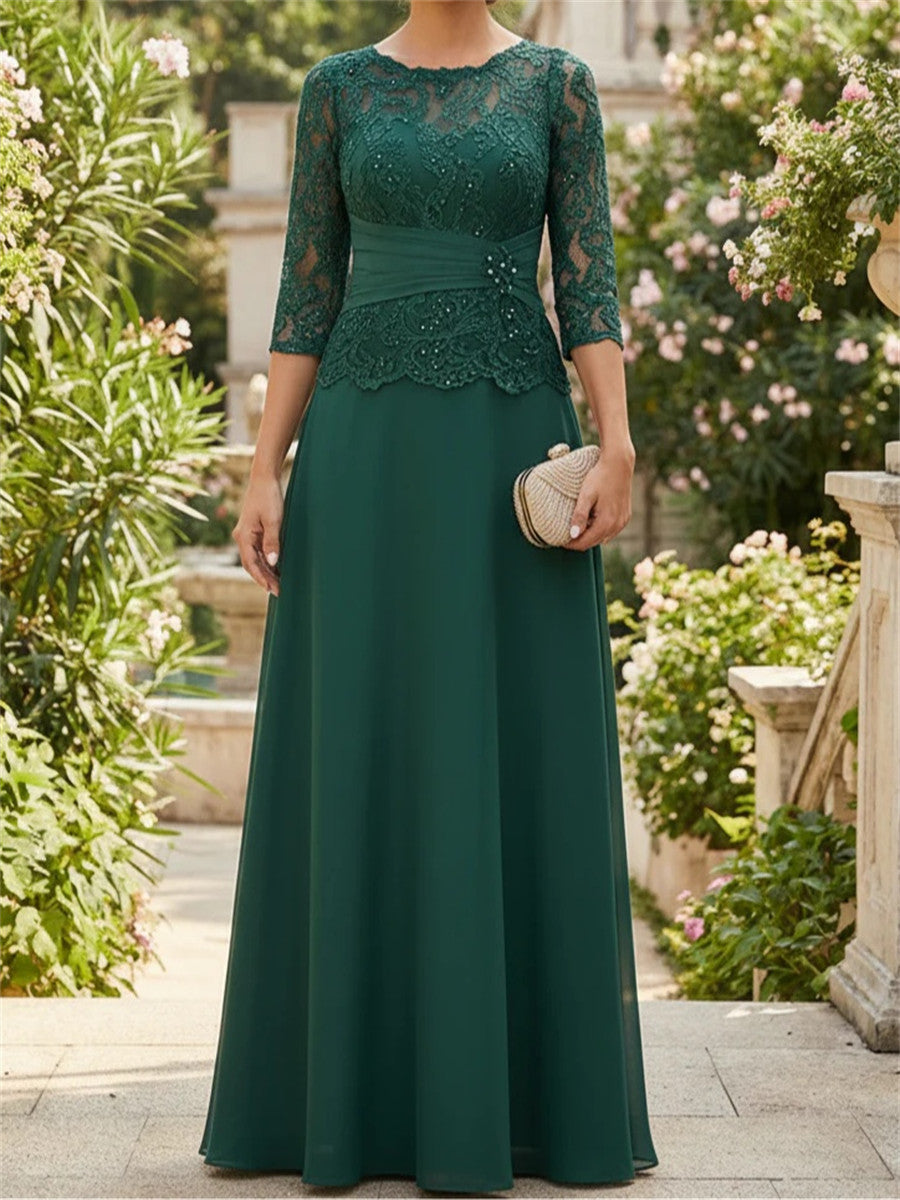 A-line/Princess Scoop 3/4 Sleeves Appliques Lace Floor-Length Chiffon Corset Mother of the Bride Dress