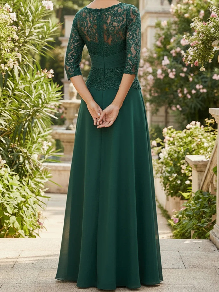 A-line/Princess Scoop 3/4 Sleeves Appliques Lace Floor-Length Chiffon Corset Mother of the Bride Dress