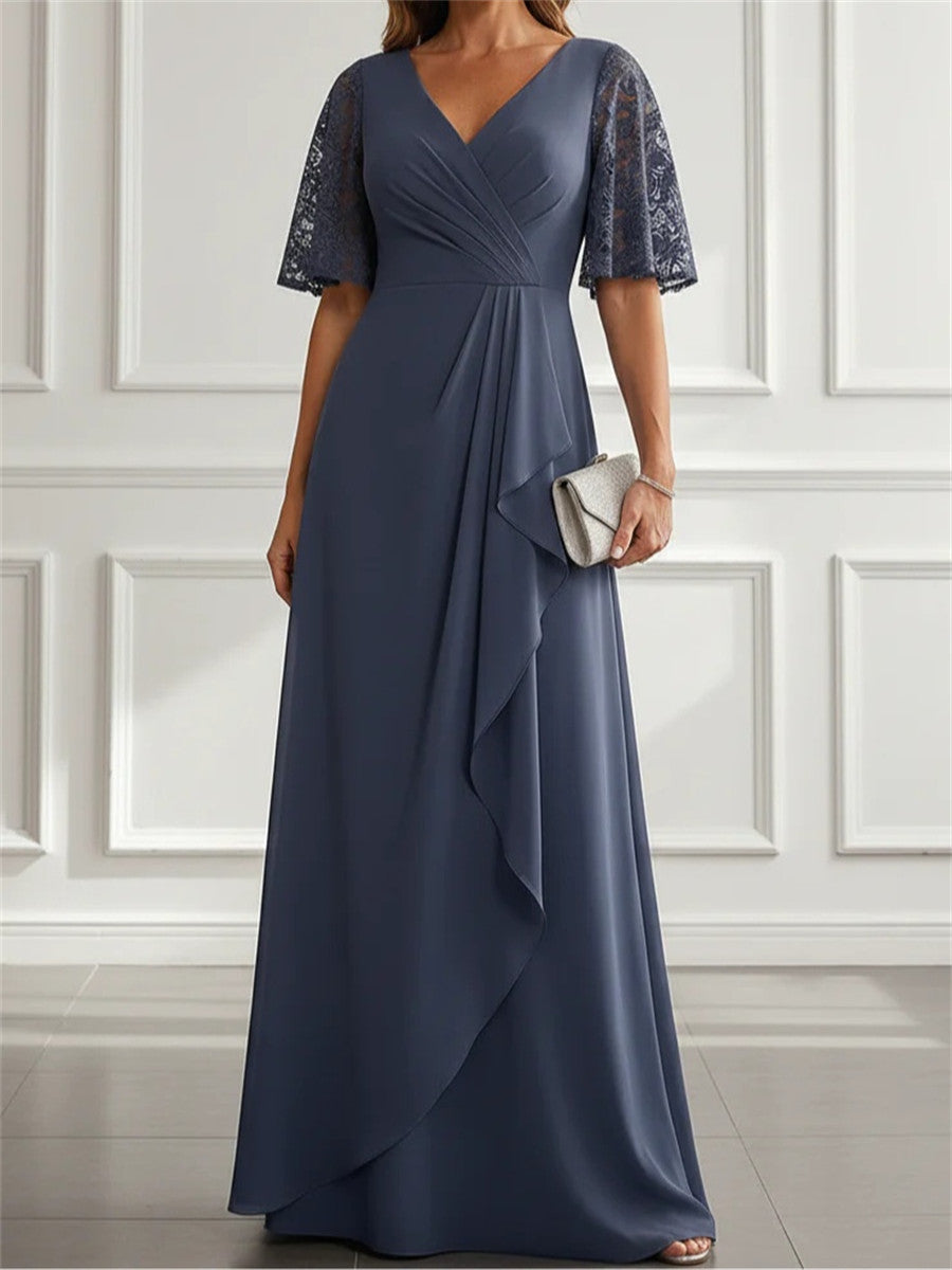 A-line/Princess V-neck 1/2 Sleeves Ruffles Floor-Length Chiffon Corset Mother of the Bride Dress