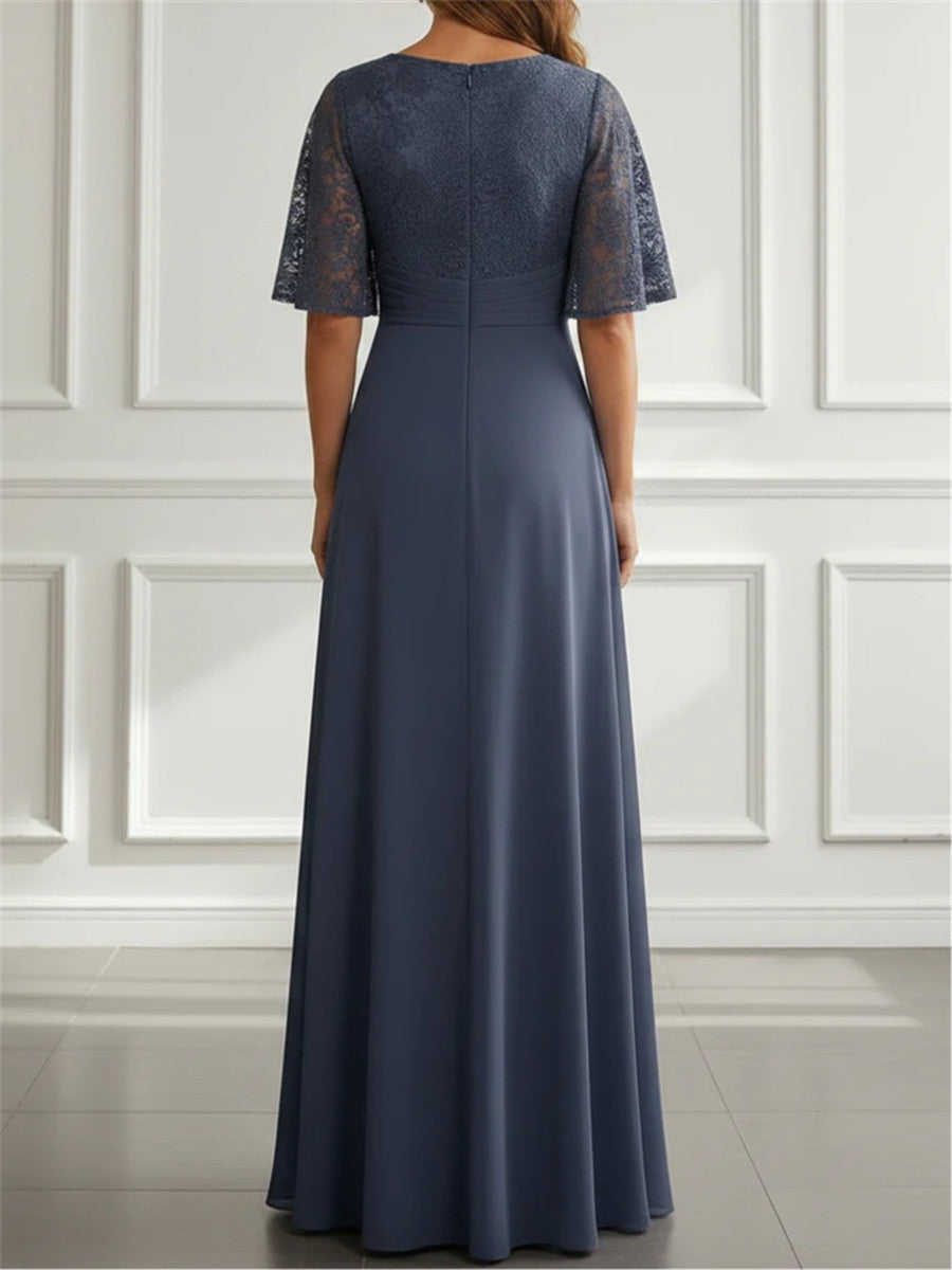 A-line/Princess V-neck 1/2 Sleeves Ruffles Floor-Length Chiffon Corset Mother of the Bride Dress