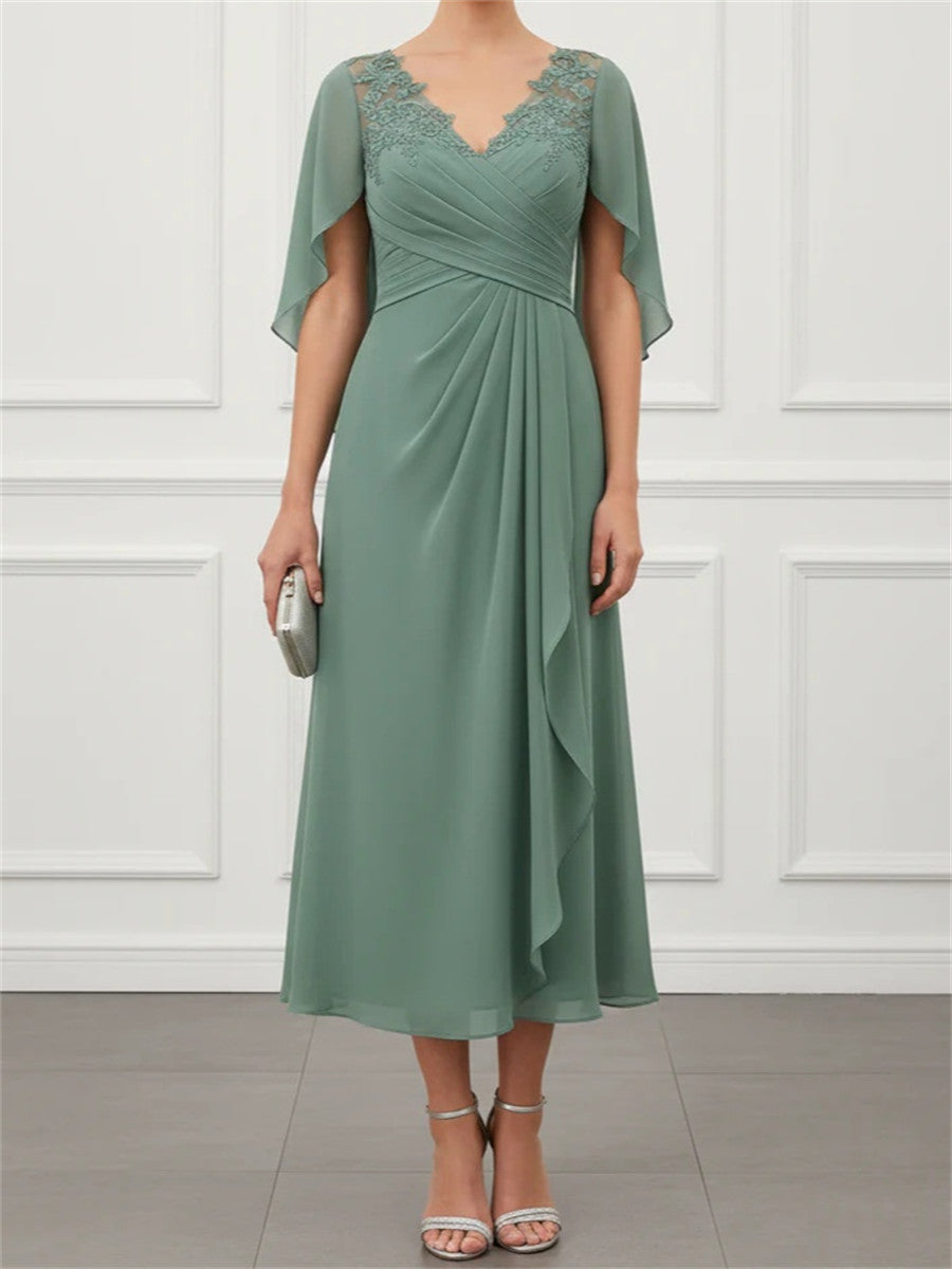 A-line/Princess V-neck Cap Sleeves Ruffles Tea-Length Chiffon Corset Mother of the Bride Dress