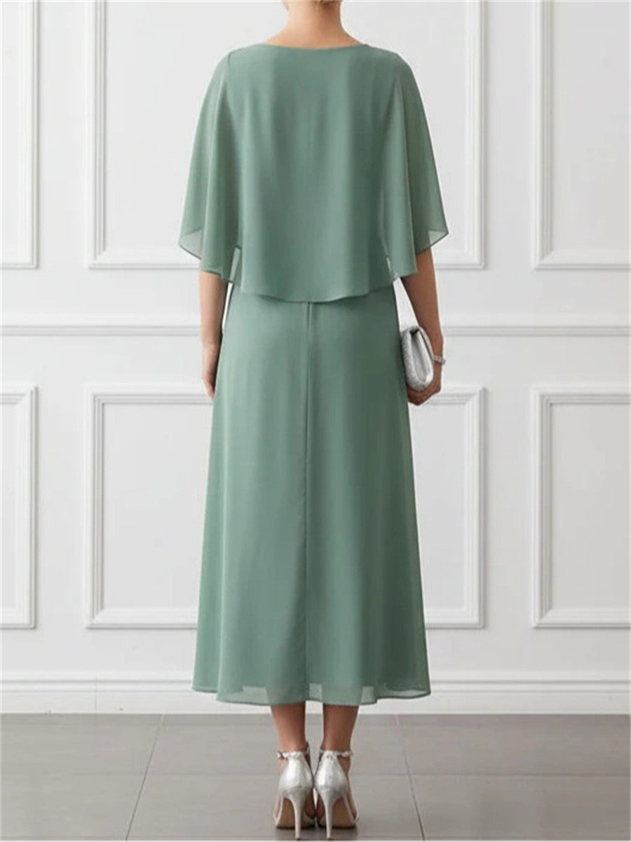 A-line/Princess V-neck Cap Sleeves Ruffles Tea-Length Chiffon Corset Mother of the Bride Dress