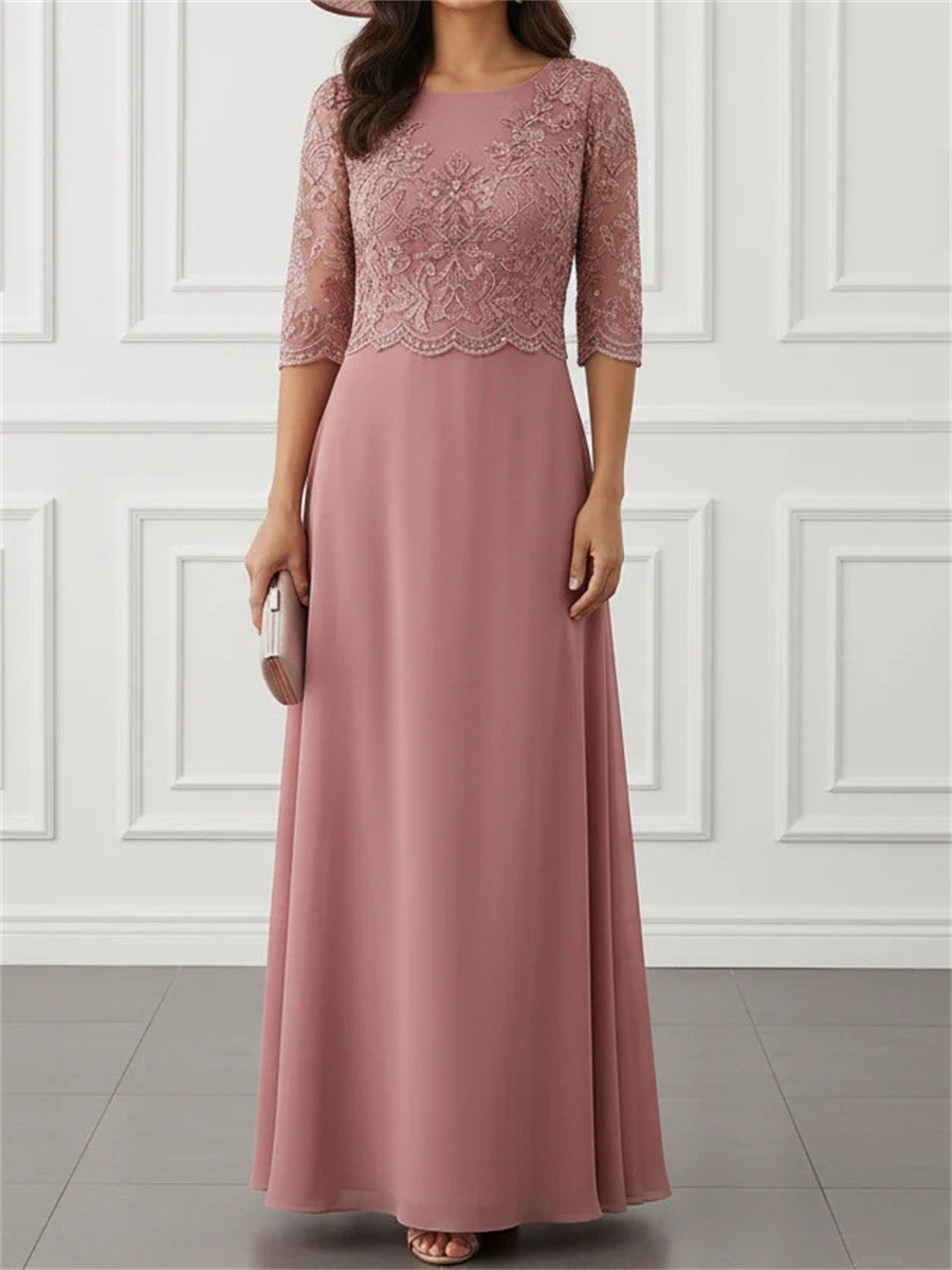 A-line/Princess Scoop 3/4 Sleeves Appliques Lace Floor-Length Chiffon Corset Mother of the Bride Dress