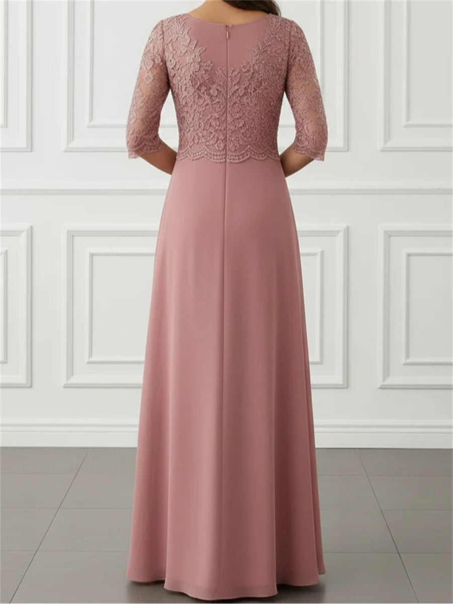 A-line/Princess Scoop 3/4 Sleeves Appliques Lace Floor-Length Chiffon Corset Mother of the Bride Dress