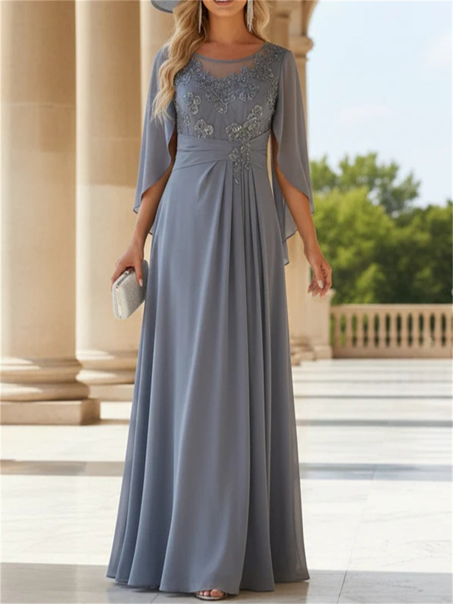 A-line/Princess Scoop 3/4 Sleeves Appliques Lace Floor-Length Chiffon Corset Mother of the Bride Dress