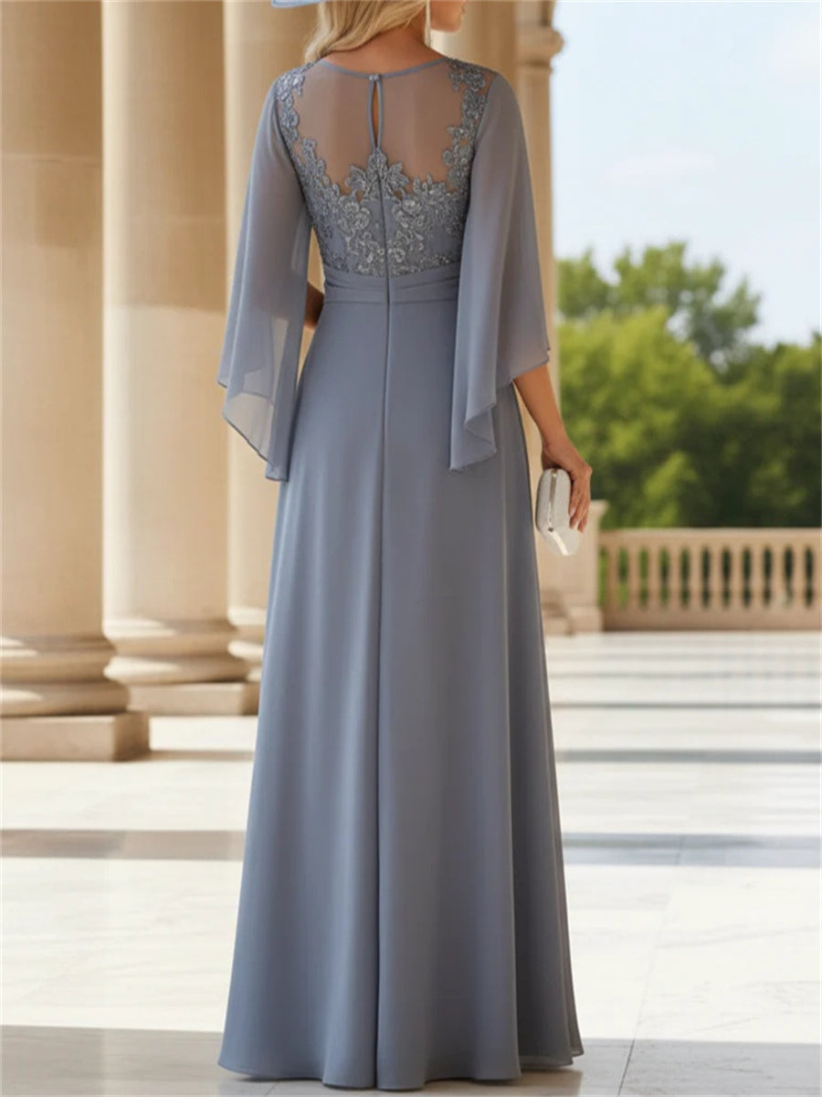 A-line/Princess Scoop 3/4 Sleeves Appliques Lace Floor-Length Chiffon Corset Mother of the Bride Dress