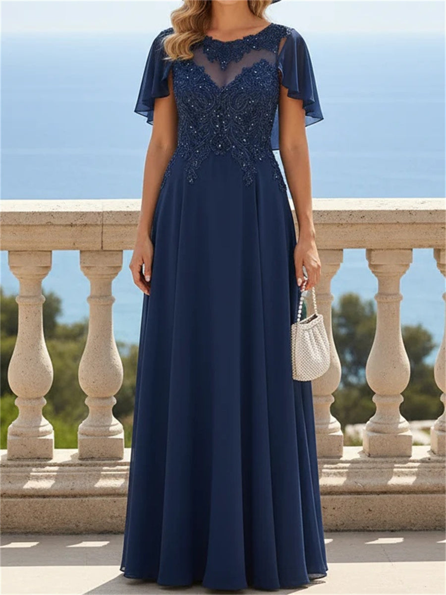 A-line/Princess Scoop Short Sleeves Appliques Lace Floor-Length Chiffon Corset Mother of the Bride Dress