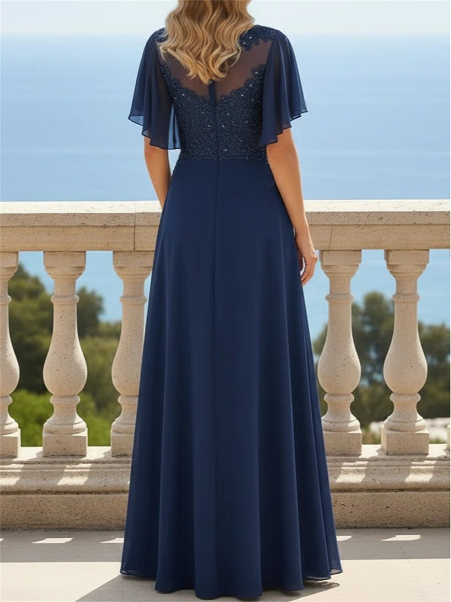 A-line/Princess Scoop Short Sleeves Appliques Lace Floor-Length Chiffon Corset Mother of the Bride Dress